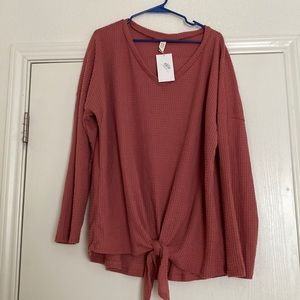 Pink/mauve waffle knit sweater with tie on the front. Brand new